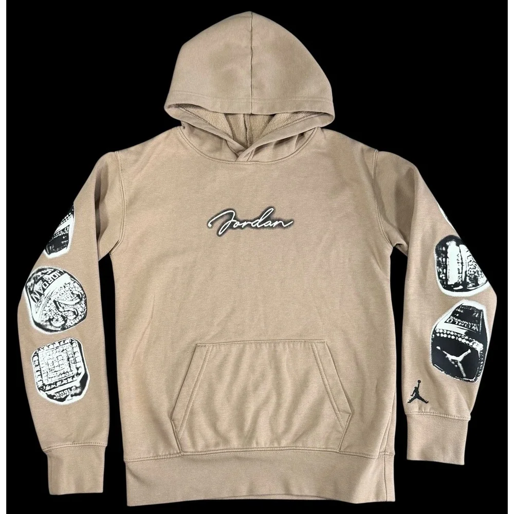 Michael Jordan Boys Sweatshirt Nike Air Tan Beige 6 Rings MVP Hoodie Pullover